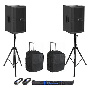 (2) Mackie DRM212-P 12" 1600w DJ PA Speakers+Rolling Carry Bags+Stands+Cables