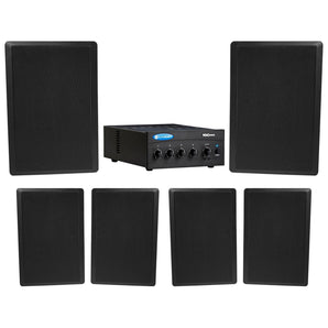 Crown Commercial Amplifier+(6) Slim Black Wall Speakers for Restaurant/Bar/Cafe