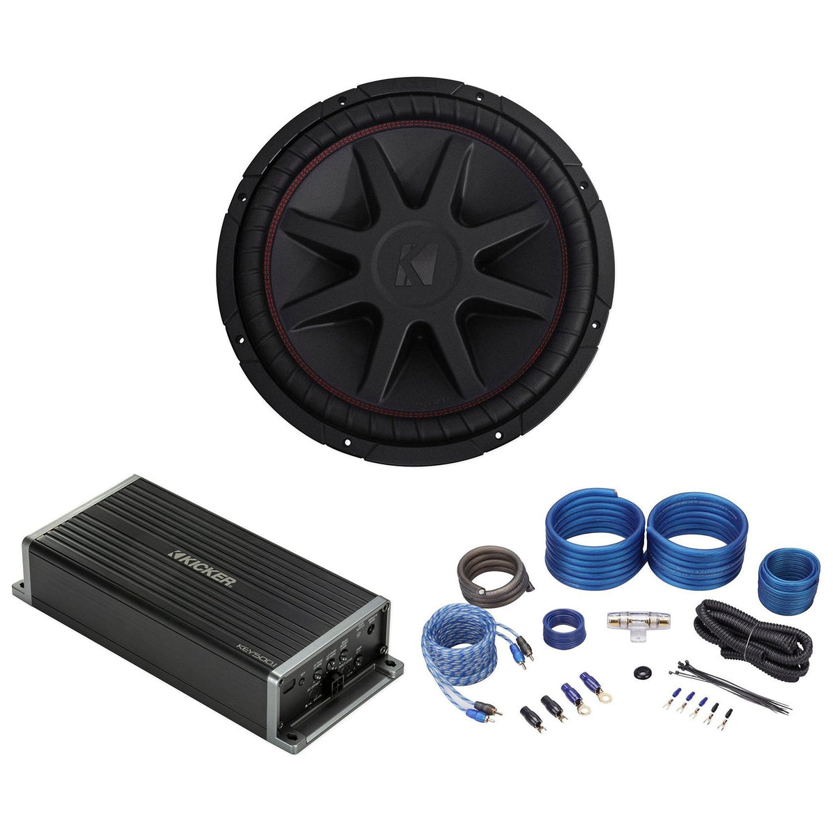 43CVR152 CompVR 15" DVC 2-Ohm Subwoofer, KEY500.1 Smart Amp & RWK41 Wire Kit