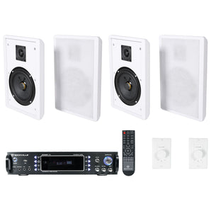 Rockville 2-Room Home Audio Receiver+(4) White 5.25" Wall Speakers+Wall Controls