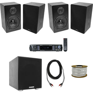Rockville Bluetooth Home Receiver+(4) 6.5" Bookshelf Speakers+8" Subwoofer Sub + Rockville R14GSBR100 Red/Blk 14 Gauge 100' Ft. Mini Spool Car Audio Speaker Wire