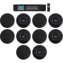 6-Zone 70V Amplifier + (10) 5.25" Black 2-Way Restaurant Ceiling Speakers