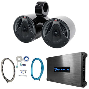 MTX Dual 6.5" 150w Black Marine Boat Wakeboard Tower Speakers+Amplifier+Wires