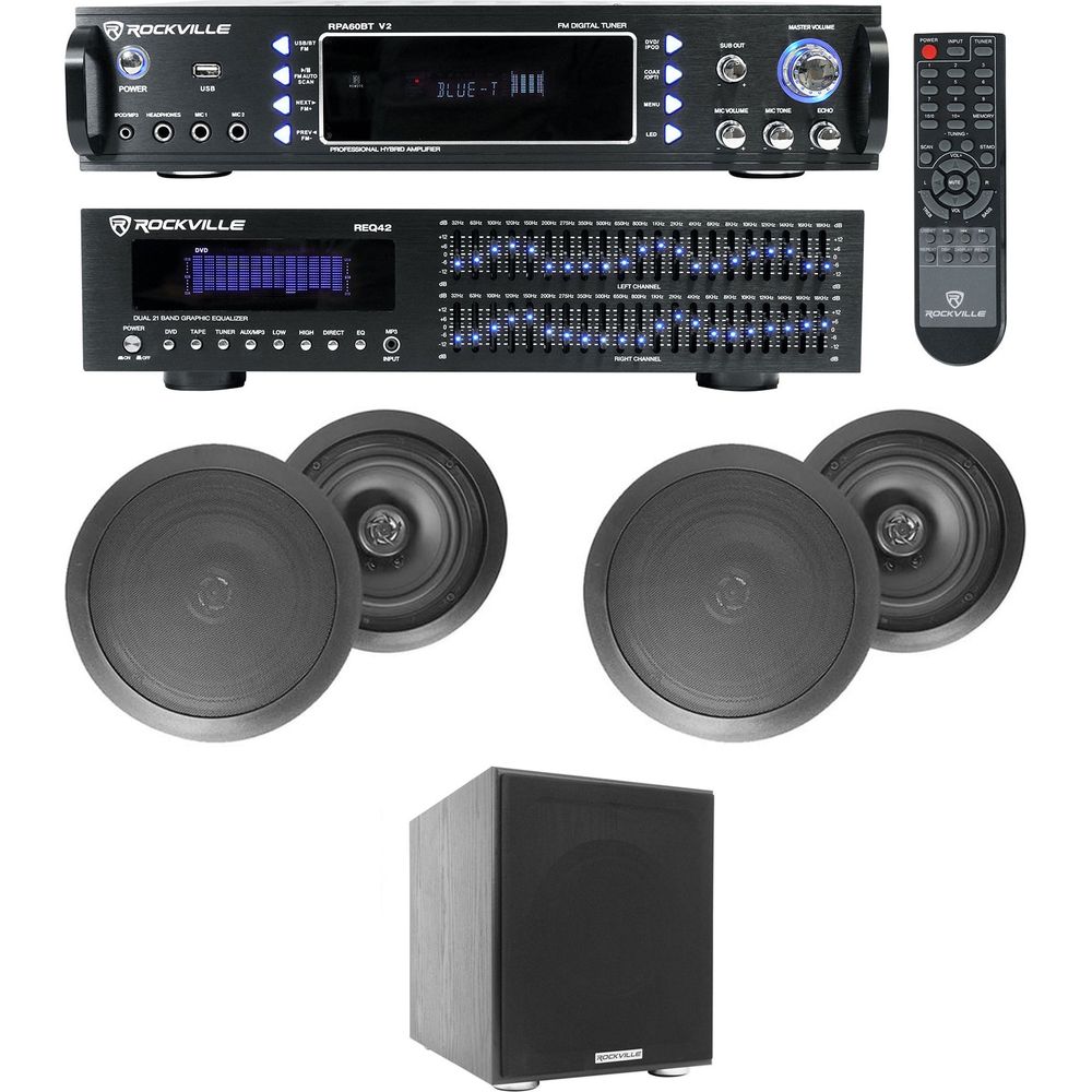 Home Theater Bluetooth Receiver+EQ+ (4) Black Ceiling Speakers+8" Subwoofer