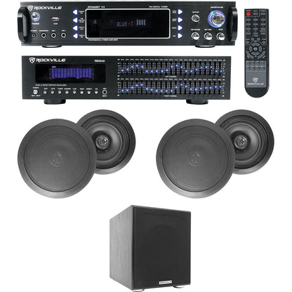 Home Theater Bluetooth Receiver+EQ+ (4) Black Ceiling Speakers+8" Subwoofer