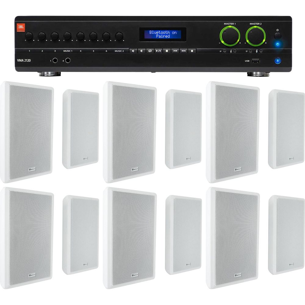 VMA2120 2-Channel Amplifier + (12) RockSlim 70W White Wall Speakers