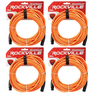 4 Rockville RCXFM50P-O Orange 50' Female to Male REAN XLR Mic Cables 100% Copper