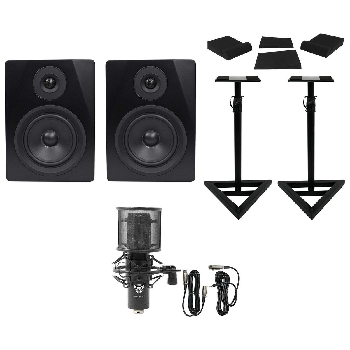 (2) APM5B 5.25" Powered USB Studio Monitors + Stands + Pads + Condenser Mic