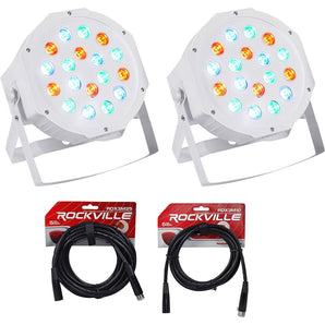 (2) Rockville RockPAR50 WHT LED RGB Par Can DJ/Club DMX Wash Lights+Cables