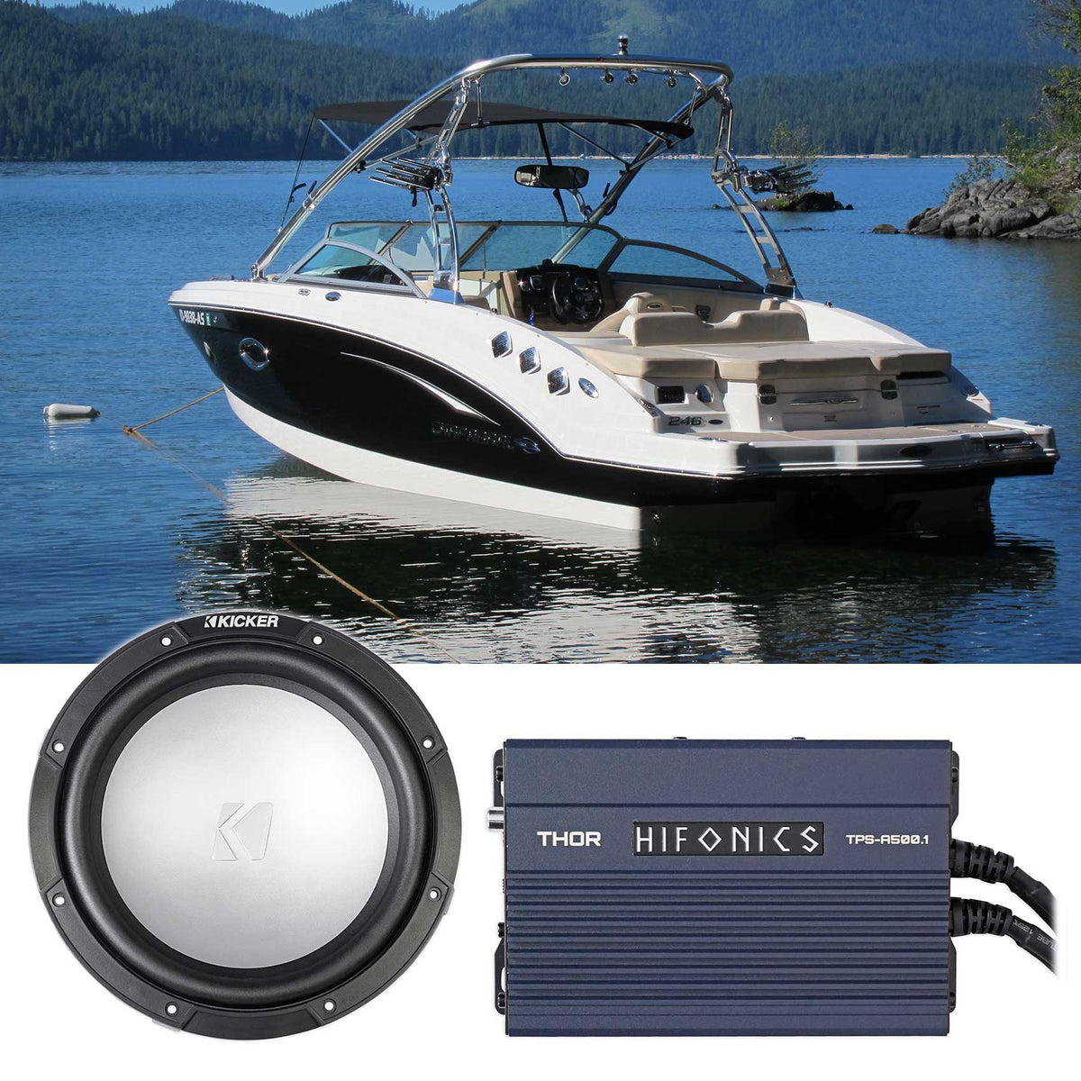 45KMF102 10" Free-Air Marine Subwoofer with Hifonics TPS-A500.1 Mono Amplifier
