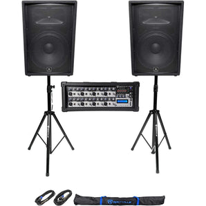 (2) JBL Pro JRX215 15" 2000w PA/DJ Speakers+Powered Mixer w/Bluetooth+Stands