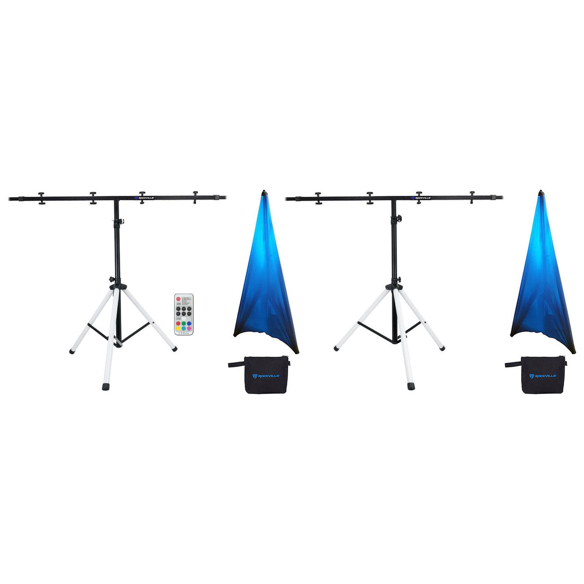 (2) PARTY STAND LED Speaker Stands with Lighting Crossbars & Scrims