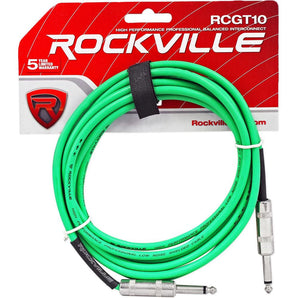 Rockville RCGT10G 10' 1/4'' TS to 1/4'' TS Guitar/Unbalanced Signal Cable-Green