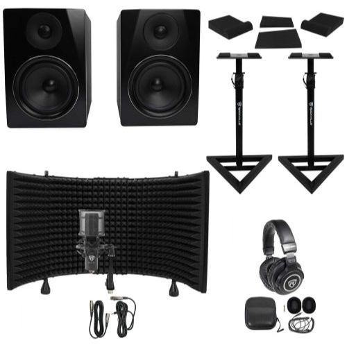 APM6B 6.5" Active Studio Monitors+Stands+Mic+Headphones+Iso Shield