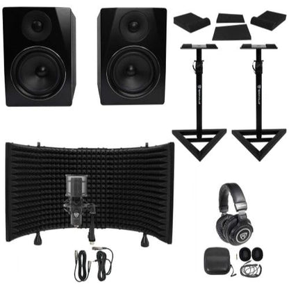 APM6B 6.5" Active Studio Monitors+Stands+Mic+Headphones+Iso Shield
