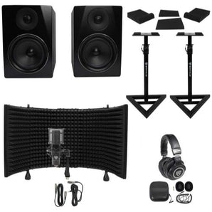 2) Rockville APM6B 6.5" Active Studio Monitors+Stands+Mic+Headphones+Iso Shield