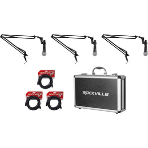 Rockville 3 Pack of Microphones+Case+Boom Arms For Podcast Podcasting Broadcast