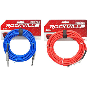 2 Rockville 20'  1/4" TS to 1/4'' TS Guitar/Instrument Cable (Red and Blue)