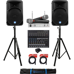 (2) Rockville RPG15BT 15" DJ PA Speakers w/Bluetooth+Mixer+Mic+Stands+Cables+Bag