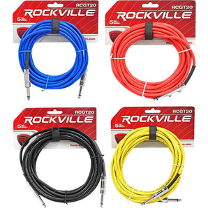 4 Rockville 20'  1/4" TS to 1/4'' TS Guitar/Instrument Cable (4 Colors)