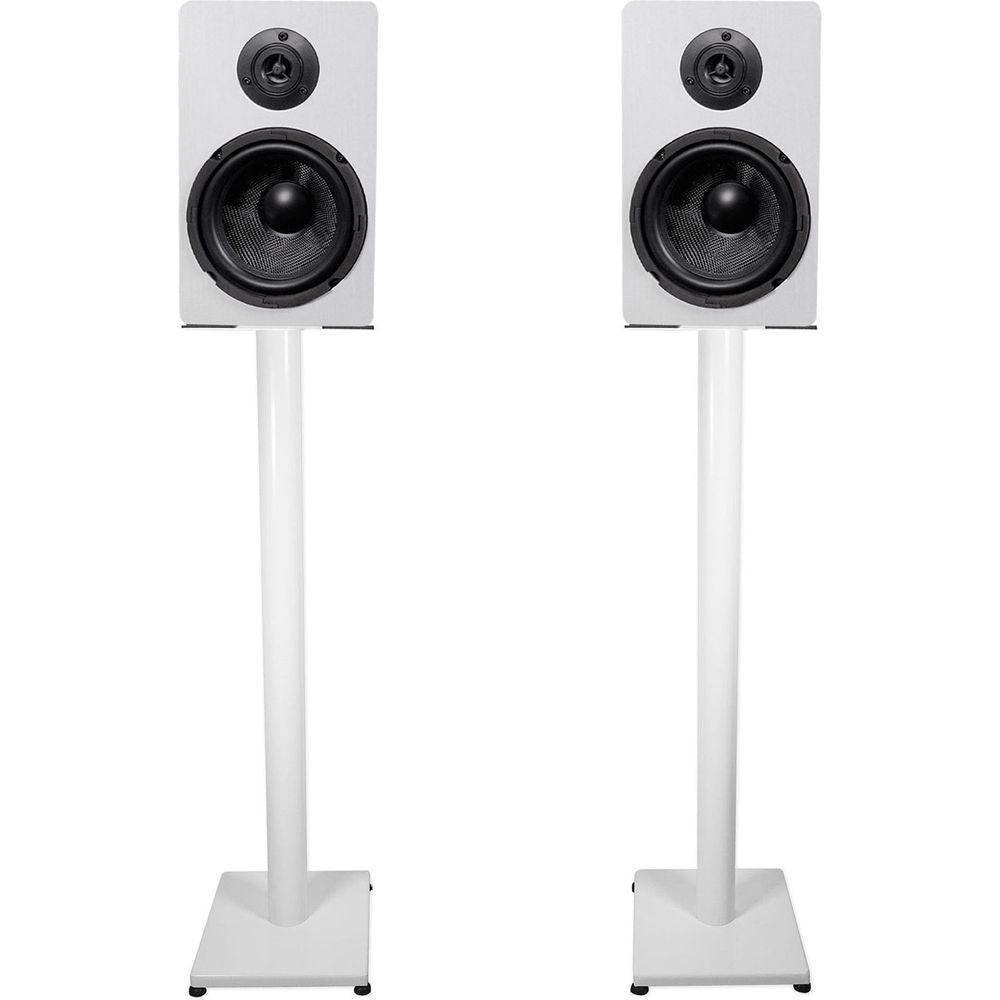 RockShelf 68W White 6.5" Home Bookshelf Speakers + 37" White Stands
