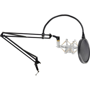 Rockville Microphone Boom Arm Podcast Mic Stand+Pop Filter+Silver Shockmount