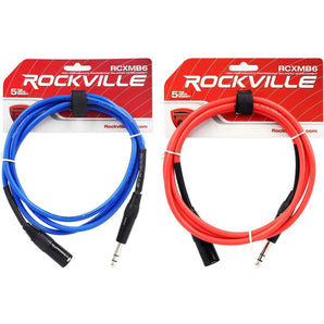 2 Rockville 6' Male REAN XLR to 1/4'' TRS Balanced Cable (Red and Blue)