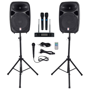 Rockville RPG152K 15" Powered Speakers w/Bluetooth+Dual UHF Wireless Mics+Stands