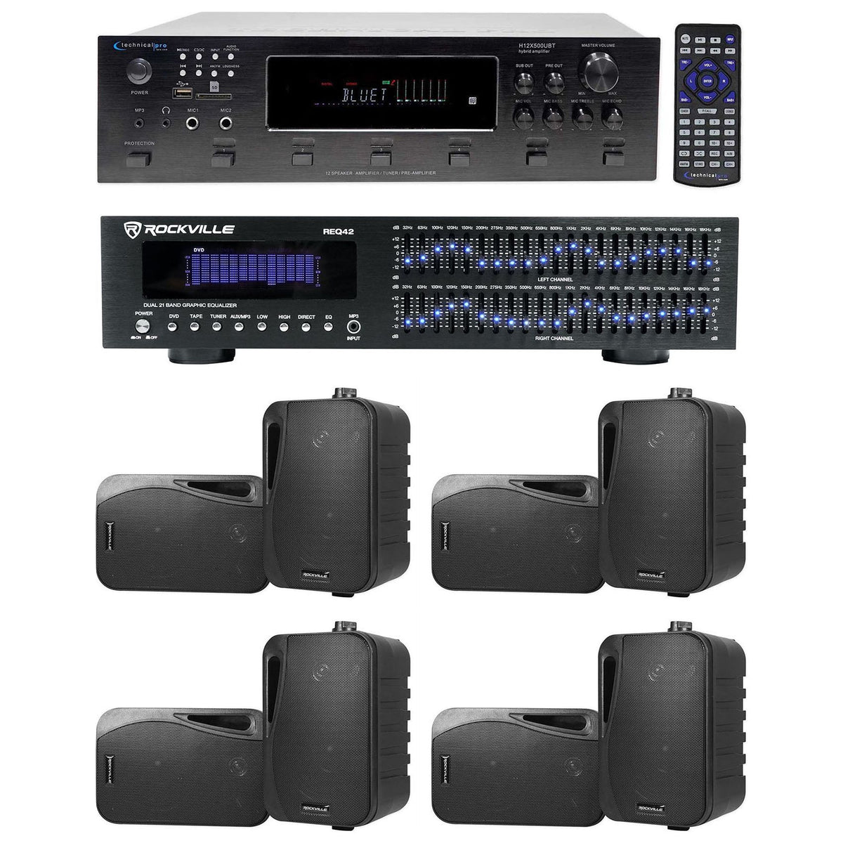 6-Zone Receiver with (4) Pairs of Black 4" Indoor/Outdoor Speakers, Home Package