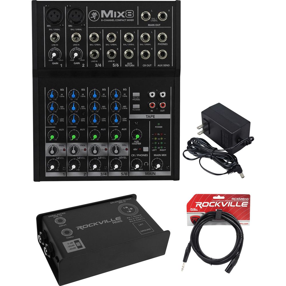 Mix8 8-Channel Mixer, Low Noise + Rockville DI Box + Cable