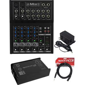 Mackie Mix 8 Channel Mix8 Mixer Low Noise + Rockville DI Box + Cable