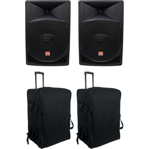 (2) Rockville RPG15 15" Powered 1000 Watt DJ PA Speakers+(2) Rolling Travel Bags