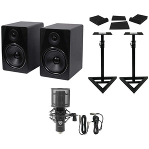 (2) Rockville APM8B 8" Powered USB Studio Monitors+Stands+Pads+Condenser Mic