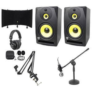 (2) Rockville DPM10B 10" 800w Active Studio Monitors+Headphones+Mic+Shield+Boom