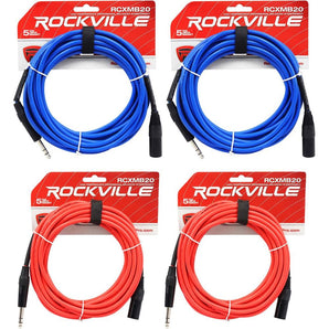 4 Rockville 20' Male REAN XLR to 1/4'' TRS Cable (2 Red and 2 Blue)