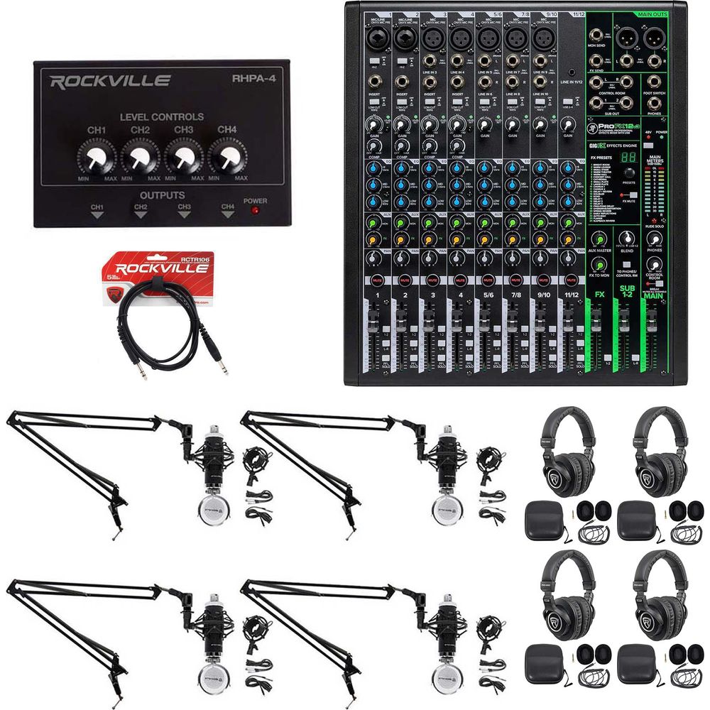 4-Person Podcast Recording Kit with ProFX12v3 Mixer and Boom Arms