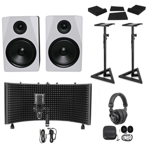 2) Rockville APM8W 8" Active Studio Monitors+Stands+Mic+Headphones+Iso Shield