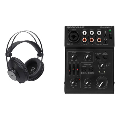 RockMix 5 Ch Mixer w/USB Interface, Bluetooth, Echo, EQ+AKG Headphones