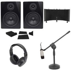 Pair Rockville 5.25" 250w Powered Studio Monitors+Mic+Headphones+Stand+Shield+Pads