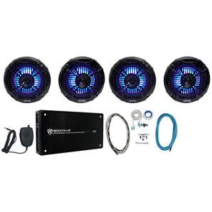 (4) Memphis Audio MXA602SLB 80w 6.5" LED Speakers+4-Channel Amplifier+Amp Kit