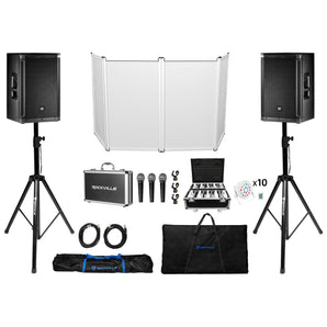 (2) JBL SRX812P 12" 2000w Powered DJ PA Speakers+Stands+Mics+Facade+White Lights