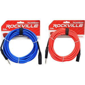 2 Rockville 20' Male REAN XLR to 1/4'' TRS Balanced Cable (Red and Blue)