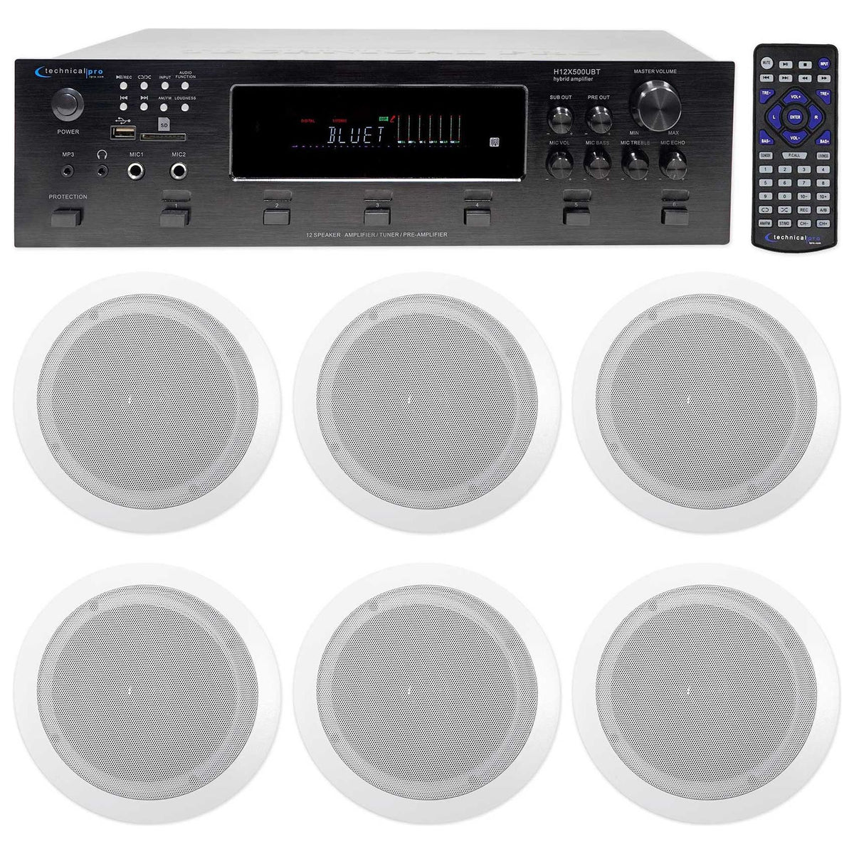 H12X500UBT 6-Zone Receiver + (12) 6.5 In Ceiling Speakers For Restaurant/Bar