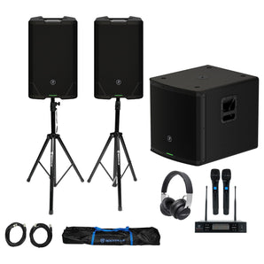 (2) Mackie SRT215 15” 1600 Watt Powered DJ PA Speakers+Stands+Sub+Headphones+Mic