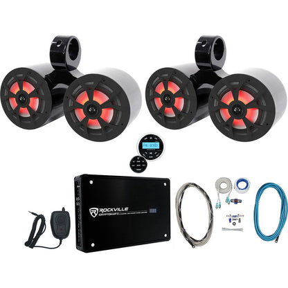 (4) RKL65MBW 6.5" Marine Wakeboard LED Speakers+Dual Black Pods+Amp+Receiver