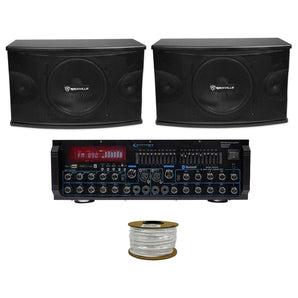 Pair Rockville KPS10 10" 3-Way 1200w Karaoke Speakers+Bluetooth Amplifier Mixer + Rockville R14GSBR100 Red/Blk 14 Gauge 100' Ft. Mini Spool Car Audio Speaker Wire