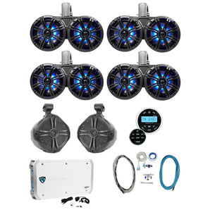 (4) KICKER 45KMTDC65 Dual 6.5"+(2) 8" Marine Wakeboard Speakers+Receiver+Amp+Kit