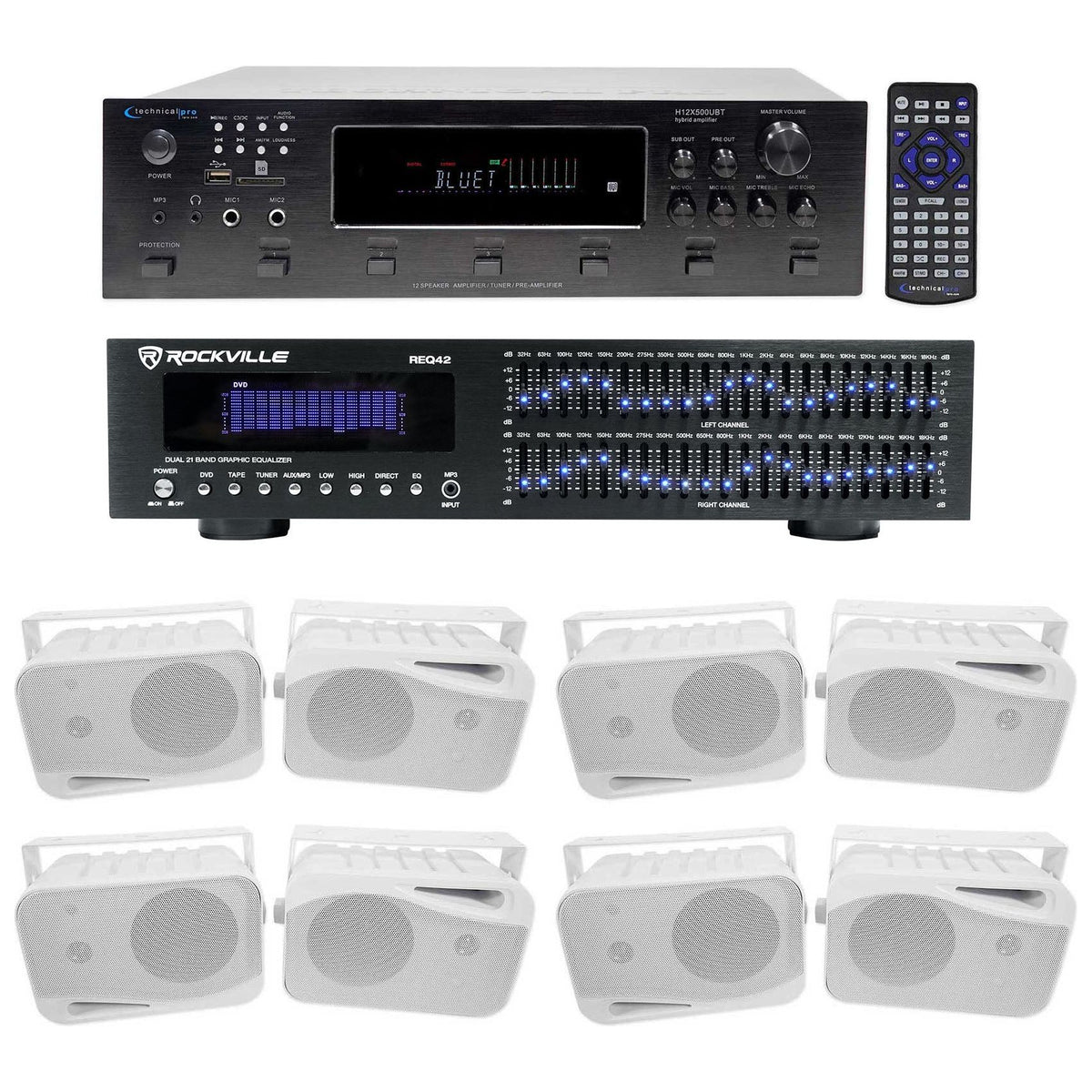 6-Zone Receiver with (4) Pairs of White 4" Indoor/Outdoor Speakers, Commercial Package