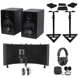2) Rockville APM8B 8" Active Studio Monitors+Stands+Mic+Headphones+Iso Shield