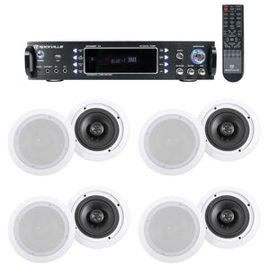 Rockville RPA60BT Home Theater Receiver Amplifier+8) 6.5" White Ceiling Speakers
